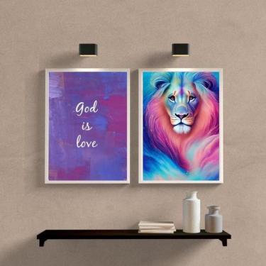 Imagem de Kit 2 Quadros Leão Galáxia 33x24cm - Vidro e Moldura Branca