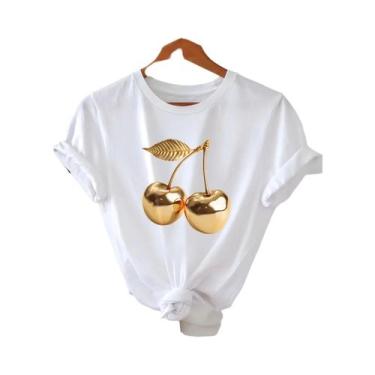Imagem de Camiseta Casual Feminina De Verão Com Estampa De Cereja Dourada, Estil