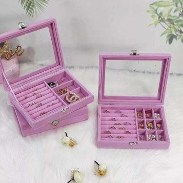 Imagem de Organizador Porta Jóias e Bijuterias Veludo Com Tampa Visor Vidro Médi