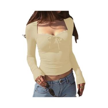 Imagem de Camiseta Crop Elegante E Sexy De Manga Longa Com Patchwork De Renda Pa