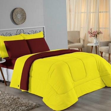 Imagem de Edredom Solteiro Nobre 1 Peça Dupla Face 1,60m X 2,40m Malha 100% Algodão - Amarelo / Vinho