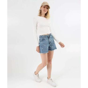 Imagem de Short Feminino Jeans Bordado Margarida Bolsos Azul-23056 - AKIYOSHI, 4