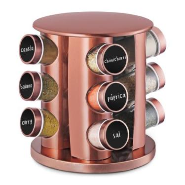 Imagem de Porta Tempero 12 Potes de Vidro Base Giratória Redondo Rose-Gold Cobre