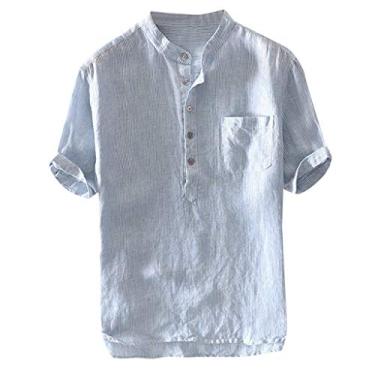 Imagem de Camisetas masculinas com bolso de algodão, folgada, de linho, manga curta, listrada, com botões, blusa masculina, Azul, XX-Large