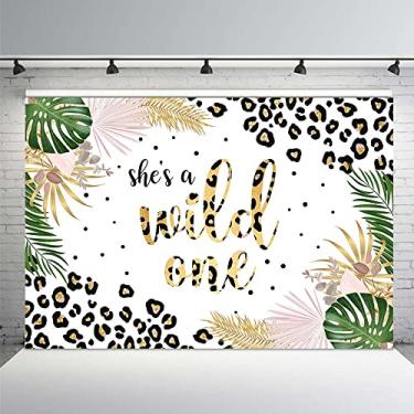 Imagem de MEHOFOND Faixa de fundo "She is a Wild One" de 2,1 x 1,5 m, faixa de leopardo, para meninas, 1º aniversário, selva, safári, floresta, tropical, folhas de palmeira, para decoração de festa de primeiro aniversário