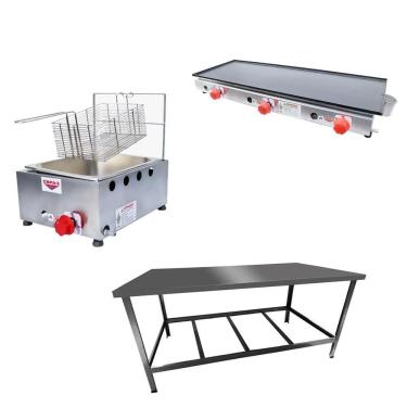 Imagem de Kit Lanchonete Mesa de Manipulação 120x55cm + Fritadeira a Gás 1 Cuba + Chapa a Gás 90cm Alcamar
