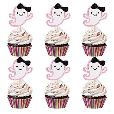 Imagem de 24 peças de topos de cupcakes fantasma rosa e preto, decorações de fantasma, decorações de aniversário de Halloween rosa e preto, decorações de chá de bebê para meninas, decorações de revelação de gênero de Halloween