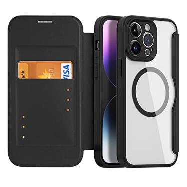 Imagem de LVCRFT Capa para iPhone 14/14 Plus/14 Pro/14 Pro Max, capa de telefone magnética tipo carteira de couro premium, capa traseira transparente com compartimento para cartão, suporta carregamento sem fio, preta, 14 de 6,1 polegadas