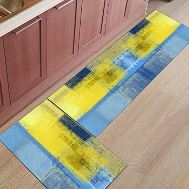Imagem de Tapete de corredor de cozinha, pintura a óleo azul amarelo abstrato antiderrapante tapete de porta tapete tapete tapete para lavanderia quarto banheiro conjunto com 2