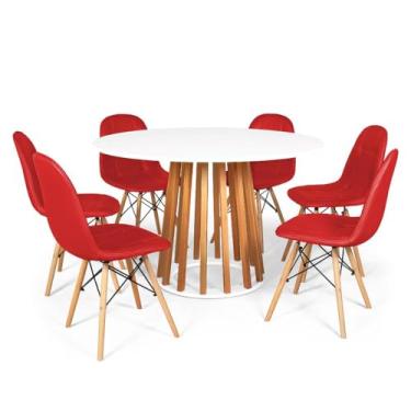 Imagem de Conjunto Mesa de Jantar Talia Amadeirada Branca 120cm com 6 Cadeiras Eiffel Botonê - Vermelho