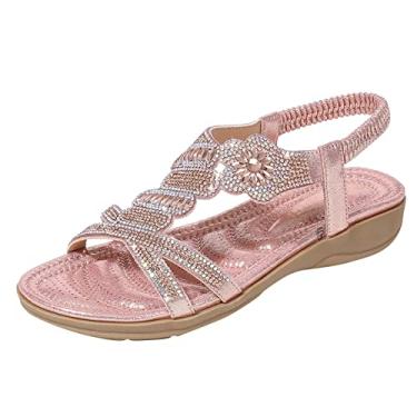 Imagem de Sandálias femininas com tiras sapatos sandálias chinelos fivela para mulheres verão flip feminino cunha confortável sandálias para, rosa, 6.5