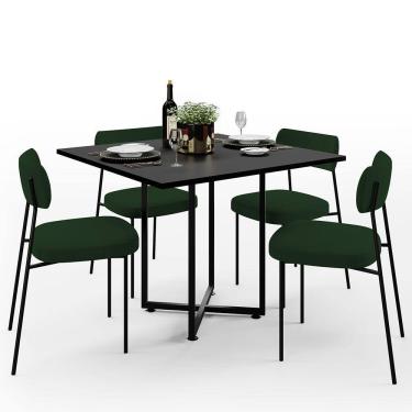 Imagem de Mesa de Jantar Rivera Preto 90cm com 04 Cadeiras Industrial Melina F01 Suede Verde Musgo - Lyam