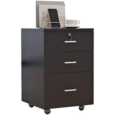 Imagem de Armário de arquivo de grãos de madeira, armário móvel com fechadura, suporte de impressora de gaveta de 3 camadas para escritório doméstico,Preto,40x36x56cm