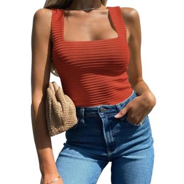 Imagem de BZB Regatas femininas com nervuras 2024 verão sem mangas gola quadrada camisas casuais de malha justas, Vermelho tijolo, GG