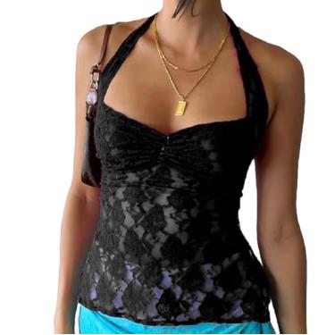 Imagem de Camiseta regata feminina Y2k cropped alças finas com acabamento em renda sem mangas costas nuas para sair, Frente única de renda preta 79, M