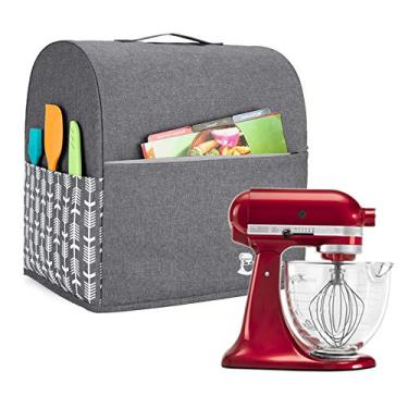 Imagem de Yarwo — Capa para misturador compatível com misturador KitchenAid de 4,5 qt e todos os 5 qt, capa protetora contra poeira com alça superior e bolsos para acessórios, cinza com flecha