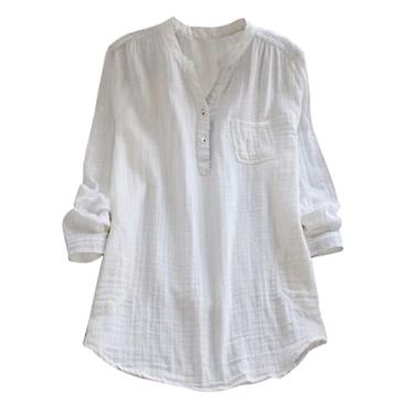Imagem de Camiseta feminina de linho manga 3/4 Henley bolso túnica cor sólida plus size camiseta verão, Branco, GG