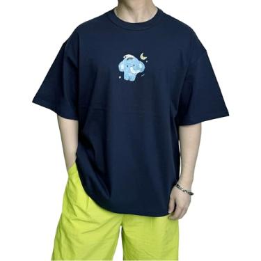 Imagem de LITQI.NF Camiseta masculina grande unissex algodão streetwear casual camiseta de verão ajuste solto, Azul marinho, P