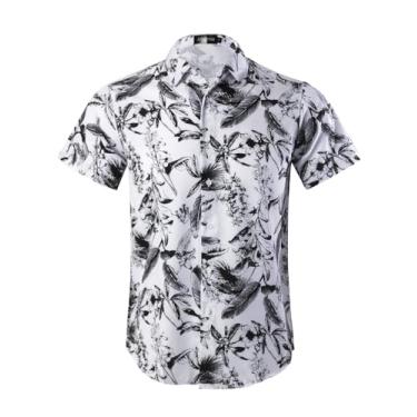 Imagem de Camisa masculina havaiana manga curta 4 vias stretch casual botão para baixo tropical floral verão praia camisa estampada, Branco e preto, XXG
