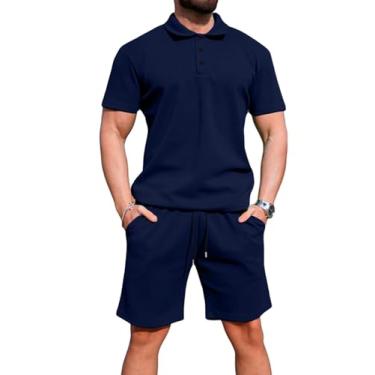 Imagem de Uni Clau Conjunto masculino de 2 peças, camisa polo de verão e shorts, conjunto de treino casual musculoso, Azul, 3G
