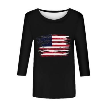 Imagem de Camiseta feminina EUA Star Stripes bandeira de 2024 manga curta confortável verão americano tamanho 12 blusas para mulheres, Preto, G