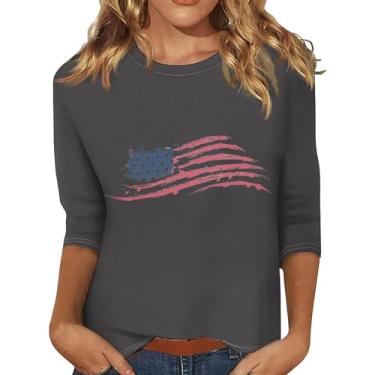 Imagem de Camiseta feminina bandeira americana 4 de julho, blusas do Dia da Independência, patriótica, manga 3/4, roupas de verão, Cinza, M