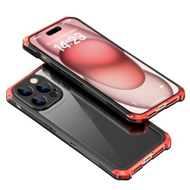 Imagem de YEXIONGYAN Capa para iPhone 15Pro Max/15 Pro/15, proteção de lente de precisão, capa fina de liga de alumínio + capa traseira de vidro temperado transparente, carregamento sem fio, vermelha, 15