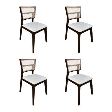 Imagem de Kit 4 Cadeiras de Jantar Manuela em Tela Assento Facto Branco Base em Madeira Maciça - Castanho