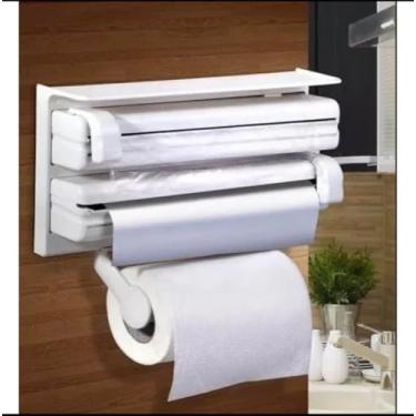 Imagem de Porta Papel Toalha Suporte Alumínio Cortador Filme PVC 3x1 Plástico Suporte Rolo Triplo Dispense Papel Toalha