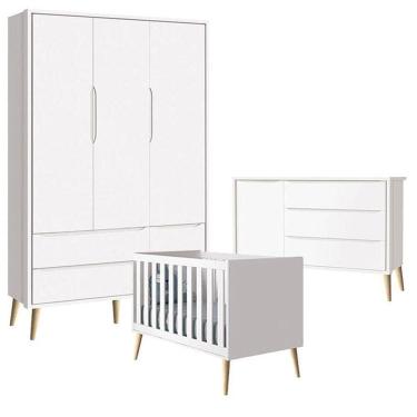 Imagem de Quarto De Bebê Theo 3 Portas Com Cômoda Branco Acetinado Pés Madeira Natural - Reller