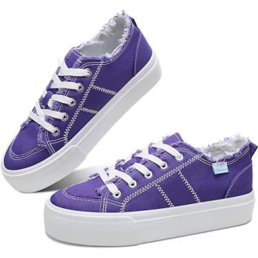 Imagem de Obtaom Tênis feminino de lona plataforma branco confortável para brincar na moda, casual, plataforma elevatória, com cadarços, sapatos bonitos de caminhada de cano baixo para mulheres, Roxo escuro, 38