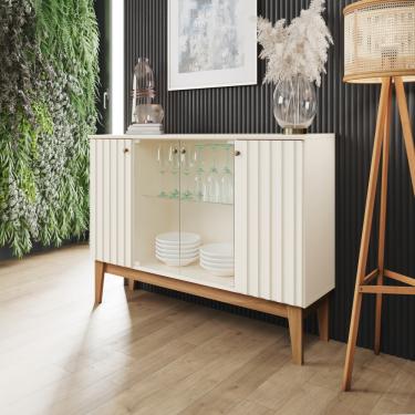 Imagem de Buffet 4 Portas com Ripado e Vidro Eiffel Henn - Off White com Nature