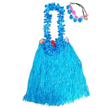 Imagem de Fantasia Adulto Havaiana Festa Temática Tropical Luau Carnaval Hawaiana: Saia + Colar + 2 Tiaras Flores Cores Sortidas (Azul)