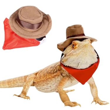 Imagem de Conjunto de chapéu de cowboy de dragão barbudo e bandana ajustável lagarto réptil fantasia legal de animal de estimação boné de Halloween adereços para foto para Gecko Camaleão Anfíbios Ferret Hamster