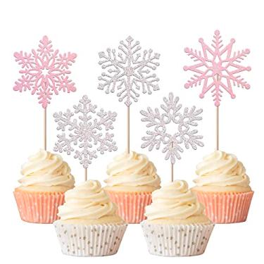 Imagem de Rsstarxi 30 Pack Snowflake Cupcake Toppers Glitter Winter Frozen Theme Snowflake Cupcake Picks Decoration for Baby Shower Kids Birthday Christmas Party Decorations Supplies Silver and Pink