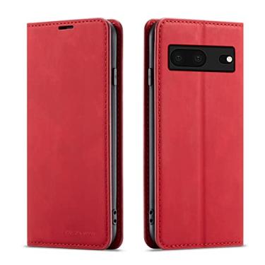 Imagem de QLTYPRI Capa para Google Pixel 7a, capa de couro PU premium TPU bumper com suporte para cartão suporte oculto adsorção magnética à prova de choque capa carteira flip para Google Pixel 7a - vermelha