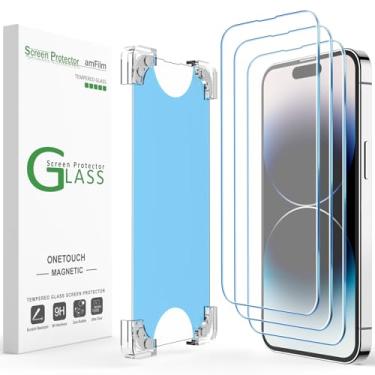 Imagem de amFilm Pacote com 2 películas magnéticas OneTouch compatíveis com iPhone 14 Pro Max de 6,7 polegadas, vidro temperado, cobertura total, com kit de fácil instalação (magnético e reutilizável)