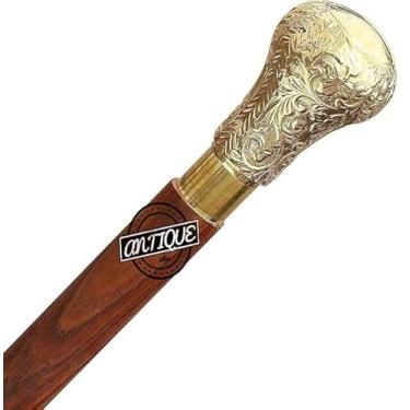 Imagem de Bengala de madeira antiga com cabo de latão ornamentado, bengala de caminhada elegante para adultos unissex, 94 cm de comprimento