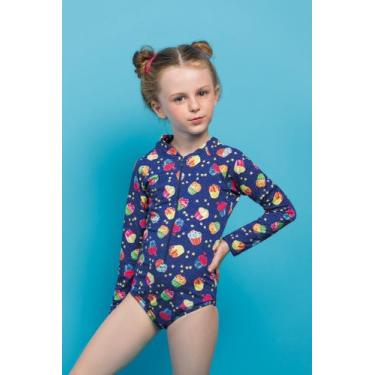 Imagem de Maiô Infantil Manga Longa com Zíper Estampado - Metida Moça, 06, Cupca