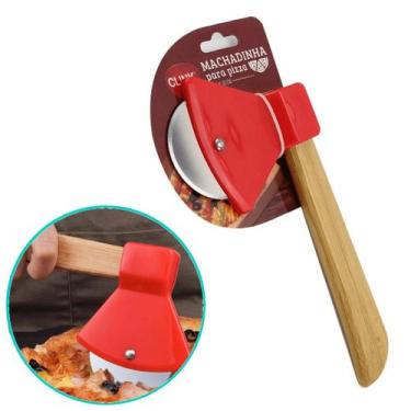 Imagem de Cortador de pizza machadinha vermelho fatiador aço inox cabo bambu - C