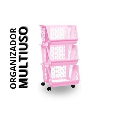 Imagem de Organizador Rosa Multiuso Triplo Empilhável c/ Rodinhas - Giotto