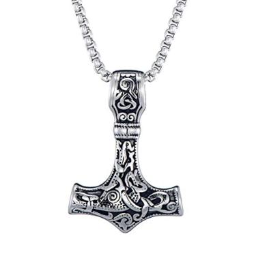 Imagem de Blowin Domineering Nordic Viking Thor Hammer Colar vintage masculino de aço inoxidável com corrente de 61 cm