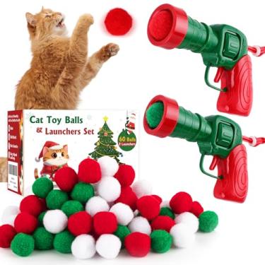 Imagem de TEAWOO Conjunto de bolas de brinquedo para gatos com lançadores (2 + 60), 60 bolas de pompom para gatos e 2 lançadores de bolas de brinquedo para gatos, brinquedos de enriquecimento de gatos, bolas de
