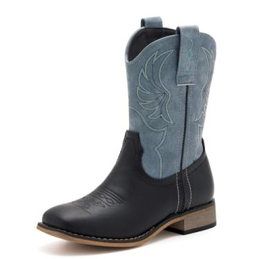 Imagem de Botas ocidentais infantis para meninos e meninas, bordadas, cowgirl, caubói, bico quadrado, cano médio, sapatos de equitação para crianças pequenas/crianças grandes, Azul/preto, 22