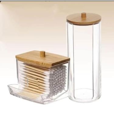 Imagem de Kit Organizador de Cotonetes e Algodão com Tampa de Bambu, Recipientes em Acrílico, 2 Peças