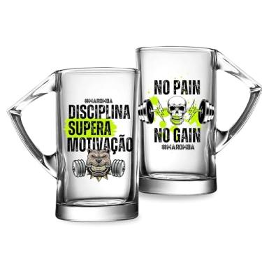 Imagem de 2 Canecas Chopp Estampa Maromba Presente Incentivo Fitness 430ml Vidro Zero Grau Academia Gym No Pain No Gain