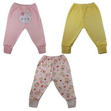 Imagem de kit Mijao Calça De Bebe Liso Bordado Estampado Menina 3 Pçs Enxoval e 