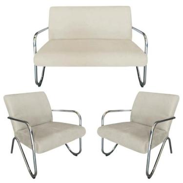 Imagem de Kit Namoradeira + 2 Poltronas Decorativa Bela Couro Bege Braço Cromado