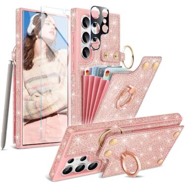 Imagem de Fingic Capa carteira para Samsung Galaxy S24 Ultra [1 protetor de tela + protetor de câmera] [suporte de anel de 360°] com 5 porta-cartões com glitter, suporte brilhante, bloqueio de RFID, capa