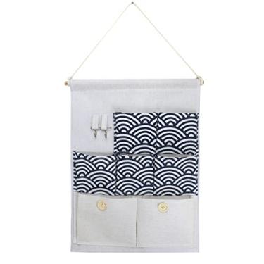 Imagem de KINGREE Bolsa de armazenamento suspensa com 7 bolsos e 2 pothook, organizador de porta de parede à prova d'água para armário de banheiro do quarto (onda)